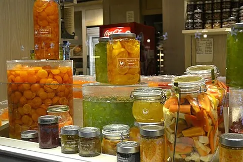 mostarda: an Italian condiment made of candied fruit and a mustard-flavoured syrup