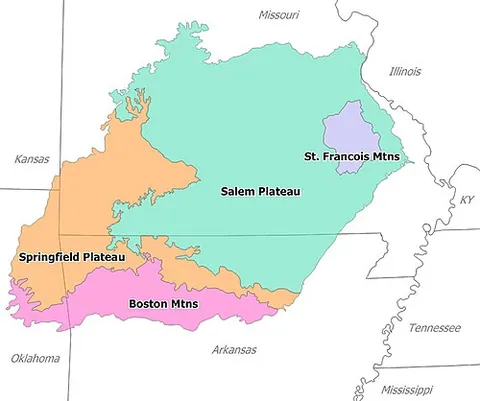 mozarks: the area of Missouri that contains a portion of the Ozark Plateau