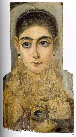 mummy portrait: a kind of naturalistic painted portrait on wooden boards attached to mummies from the Coptic period
