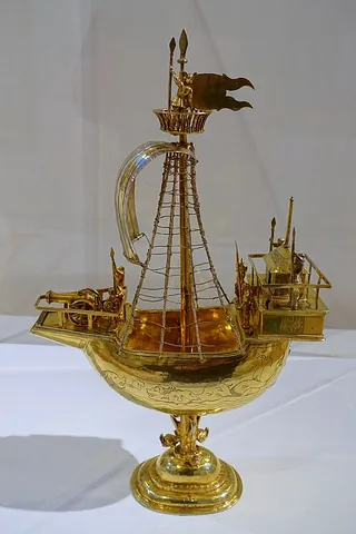 nef: an extravagant table ornament and container used in the Middle Ages and Renaissance, made in the...