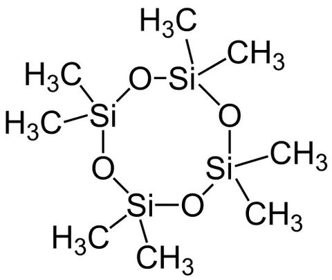 octamethylcyclotetrasiloxane: a cyclic silicone compound made of a ring of silicon and oxygen atoms with methyl groups attached....