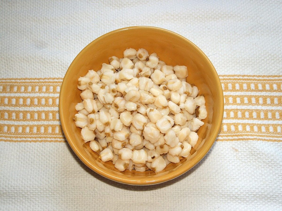hominy: a food made from hulled corn (maize) kernels soaked in lye water, rinsed, then cooked and eaten;...