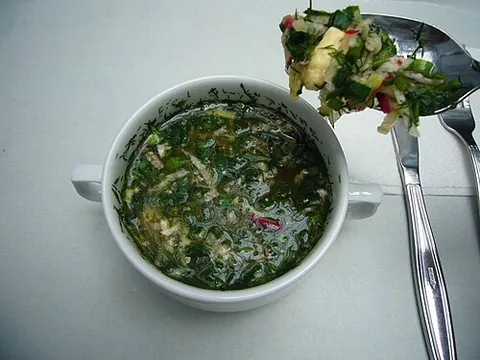 okroshka: a cold raw vegetable soup, part of the national cuisines of Russia and Ukraine. Usually made by...