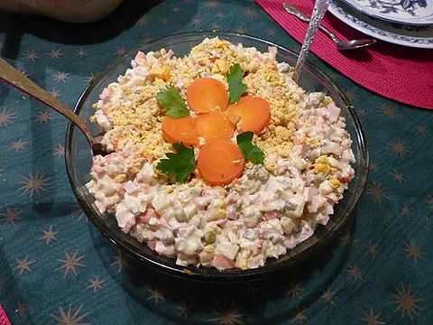 olivier salad: a traditional Russian salad of mainly boiled vegetables dressed with mayonnaise