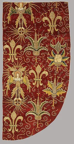 opus anglicanum: fine medieval English needlework, often using gold and silver threads on a rich velvet or linen...