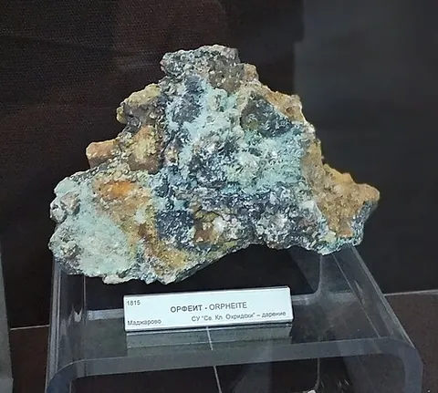 orpheite: a trigonal-hexagonal scalenohedral mineral containing aluminum, hydrogen, lead, oxygen, phosphorus,...