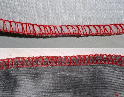 overlock: a stitch that sews over the edge of one or two pieces of cloth for edging, hemming or seaming