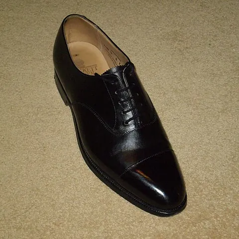 oxford shoe: a type of leather shoe with lacing seamlessly integrated into the vamp, giving it a formal...