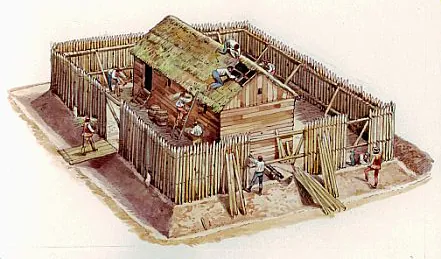 palisade: a long, strong stake, one end of which is set firmly in the ground, and the other sharpened