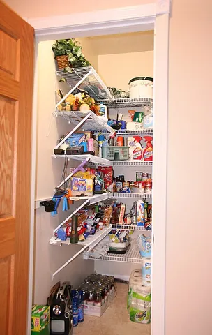 pantry: a small room, closet, or cabinet usually located in or near the kitchen, dedicated to shelf-stable...