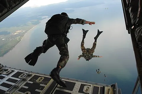 paratrooper: a type of soldier who is trained to enter combat zones by parachuting from aircraft