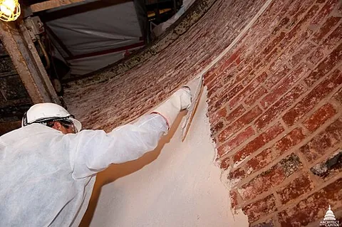 parging: a coat of cement mortar on the face of rough masonry, the earth side of foundation and basement...