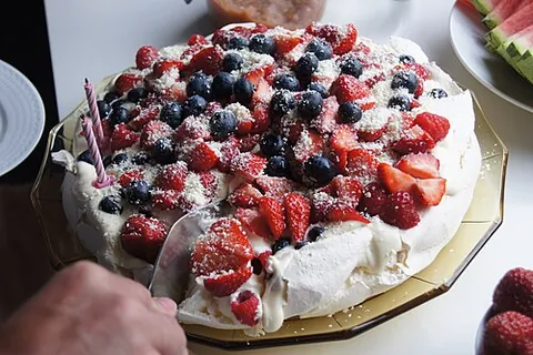 pavlova: a meringue dessert usually topped with fruit and cream
