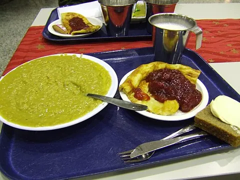 pea soup: a thick soup made with dried peas (often split peas) and various other ingredients
