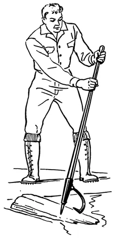 peavy: a tool used to manipulate logs, having a thick wooden handle, a steel point, and a curved hooked...