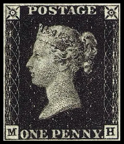 penny black: the world's first official national mail postage stamp, issued in 1840 in the United Kingdom as...
