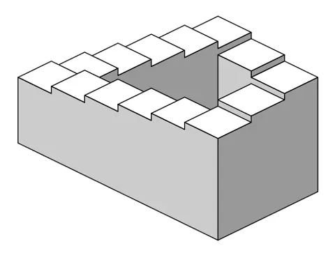 penrose stairs: an impossible loop of endlessly ascending and descending stairs, or an optical illusion appearing...