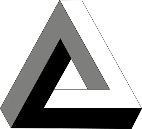 penrose triangle: an optical illusion depicting an impossible solid object made of three straight beams of square...