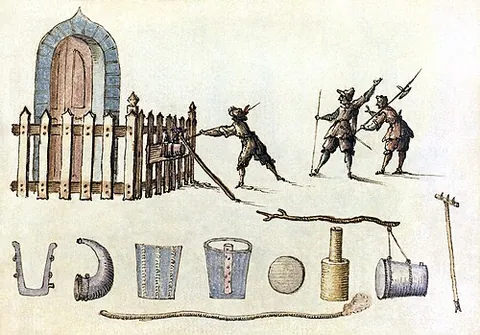 petard: a small, hat-shaped explosive device, used to breach a door or wall