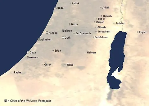 philistia: an ancient pentapolis in south-western Levant, comprising Ashkelon, Ashdod, Ekron, Gath, and Gaza