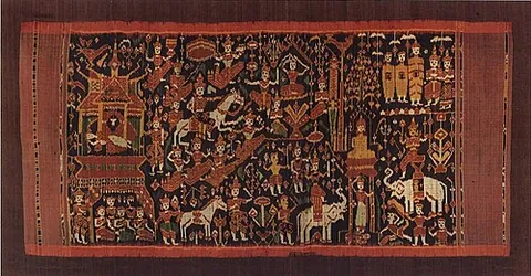 pidan: a traditional, hand-woven Cambodian silk textile used as a ceremonial hanging, canopy, or tapestry...