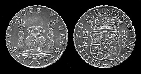 piece of eight: the peso, a silver coin that was minted in Spain and its colonies from the end of 15th century,...