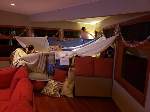 pillow fort: an inhabitable structure built from pillows, blankets, bed sheets, and sofa cushions, usually as...