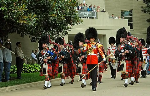 pipe band: a musical band featuring bagpipes with musicians (pipers) dressed as kilted Scotsmen