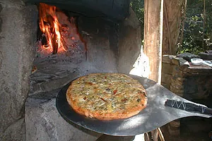 pizza paddle: a wide, flat kitchen utensil with a short handle, used for transferring a pizza into the oven