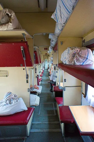 platskart: a type of open-plan sleeper/couchette passenger train carriage found in countries of the former...