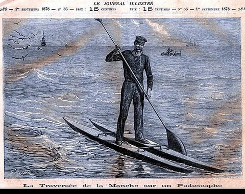 podoscaph: each of a pair of ski-shaped canoe-like floats attached to the feet, used for walking on water