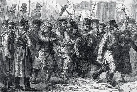pogrom: a riot aimed at persecution or massacre of a particular ethnic or religious group (usually Jews)