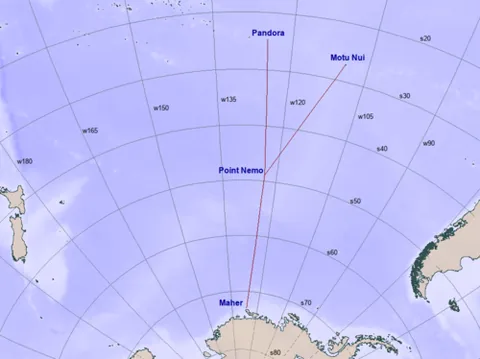 point nemo: the location in the ocean that is farthest from land, situated in the South Pacific Ocean at...