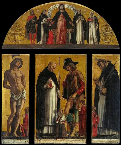 polyptych: a work consisting of multiple painted or carved panels joined together, often with hinges