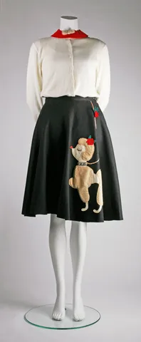 poodle skirt: a wide felt knee-length skirt of a solid bold colour displaying a design appliquéd or transferred...