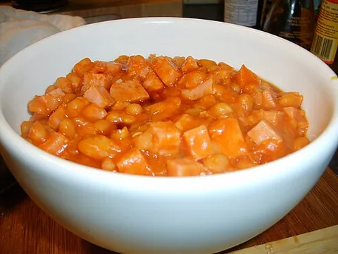 pork and beans: a culinary dish whose main ingredients are pork and beans, often in a sauce