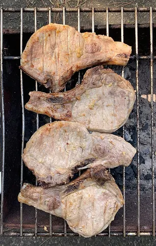 pork chop: a loin cut taken perpendicular to the spine of the pig, usually a rib or part of a vertebra