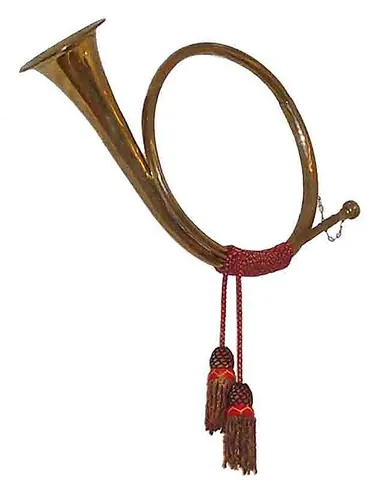 post horn: a type of brass horn used to signal the arrival or departure of a postrider or mailcoach