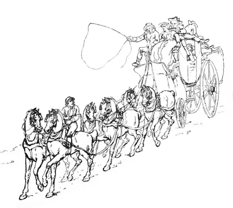 postilion: a rider mounted on the near (left) leading horse who guides the team pulling a carriage