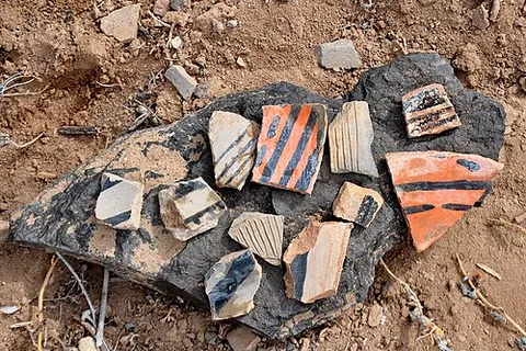 potsherd: a piece of ceramic from pottery, often found on an archaeological site