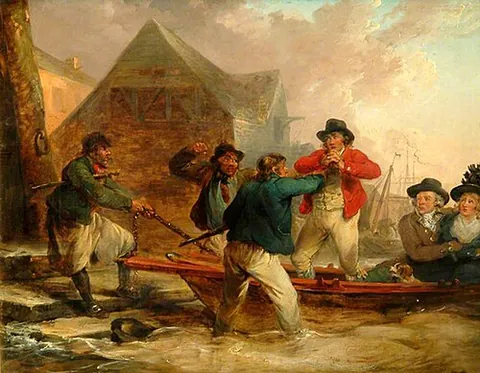 press-gang: a body of men employed to force others (impress them) into military service, especially naval...