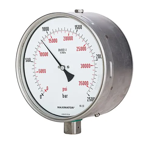 pressure gauge: an apparatus used to measure pressure in a tyre, pressurised tank, boiler etc