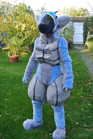 protogen: a fictional anthropomorphic (furry) cyborg with a robotic chest and thighs, and a visor screen upon...