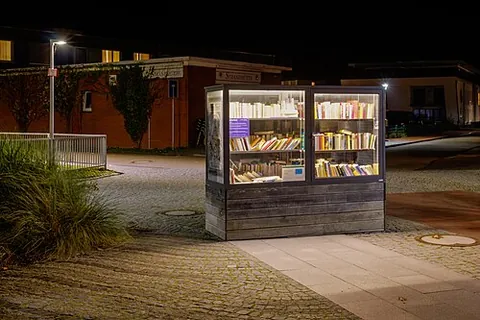 public bookcase: a cabinet where people can leave books to be exchanged with other people, without the formalities...