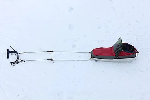 pulk: a low-slung boatlike sled, used for man-hauling supplies across snow and ice