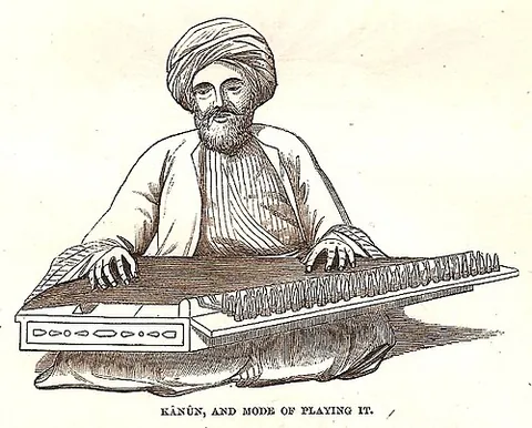 qanun: a Near Eastern and Caucasian musical instrument related to the zither, dulcimer, or harp having...