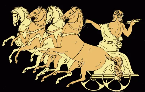 quadriga: a Roman racing chariot drawn by four horses abreast