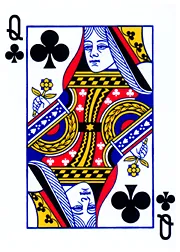 queen of clubs: one of the 52 playing cards in a standard deck