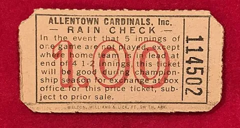 rain check: a reissue, at no extra charge, of a ticket for a baseball game or other outdoor event postponed or...