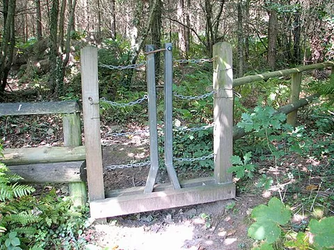 rambler gate: a self-closing footpath barrier, resembling a squeeze stile but having a pair of pivot posts that...